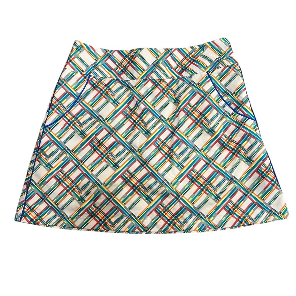 Adidas women's golf skort multicolor geometric checker stripe pattern 4